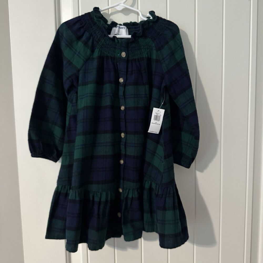NEW Old Navy Green Blue Plaid Cotton Flannel Long Sleeve Dress Girls Size 4T